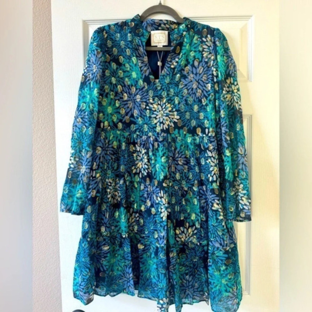 NWT STS Sail to Sable Floral Silk Teal, Blue anf Gold Metallic Dress size Medium